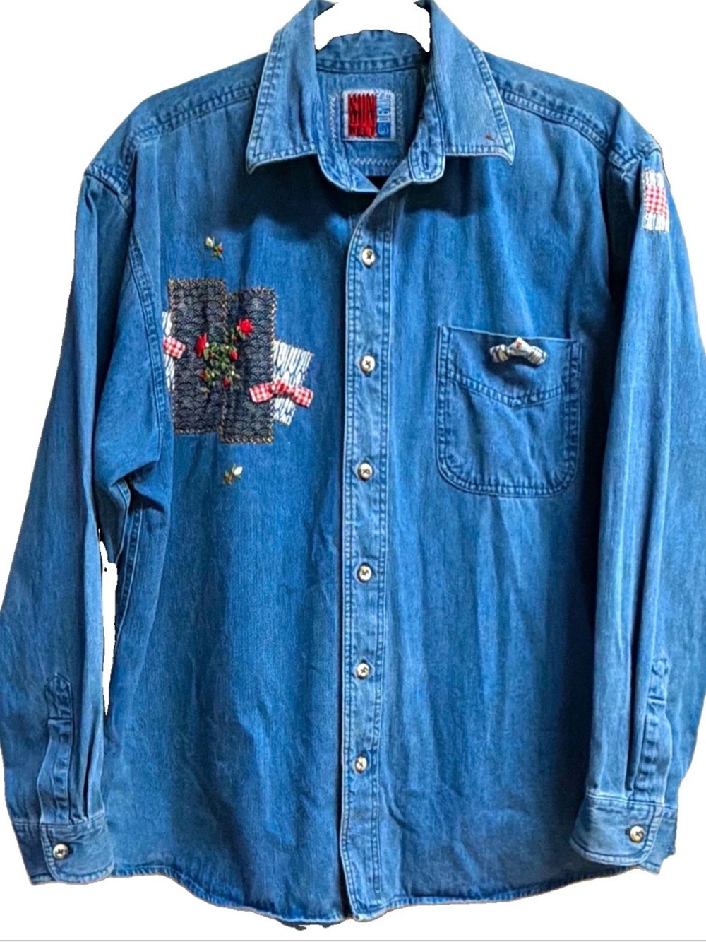 Vintage Sun Belt Blue patchwork Denim Button-Down Shirt Women’s Large